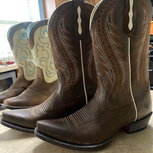 Ariat Brown Cowboy Boots with Decorative Stitching and Stacked Heel- worn once!!